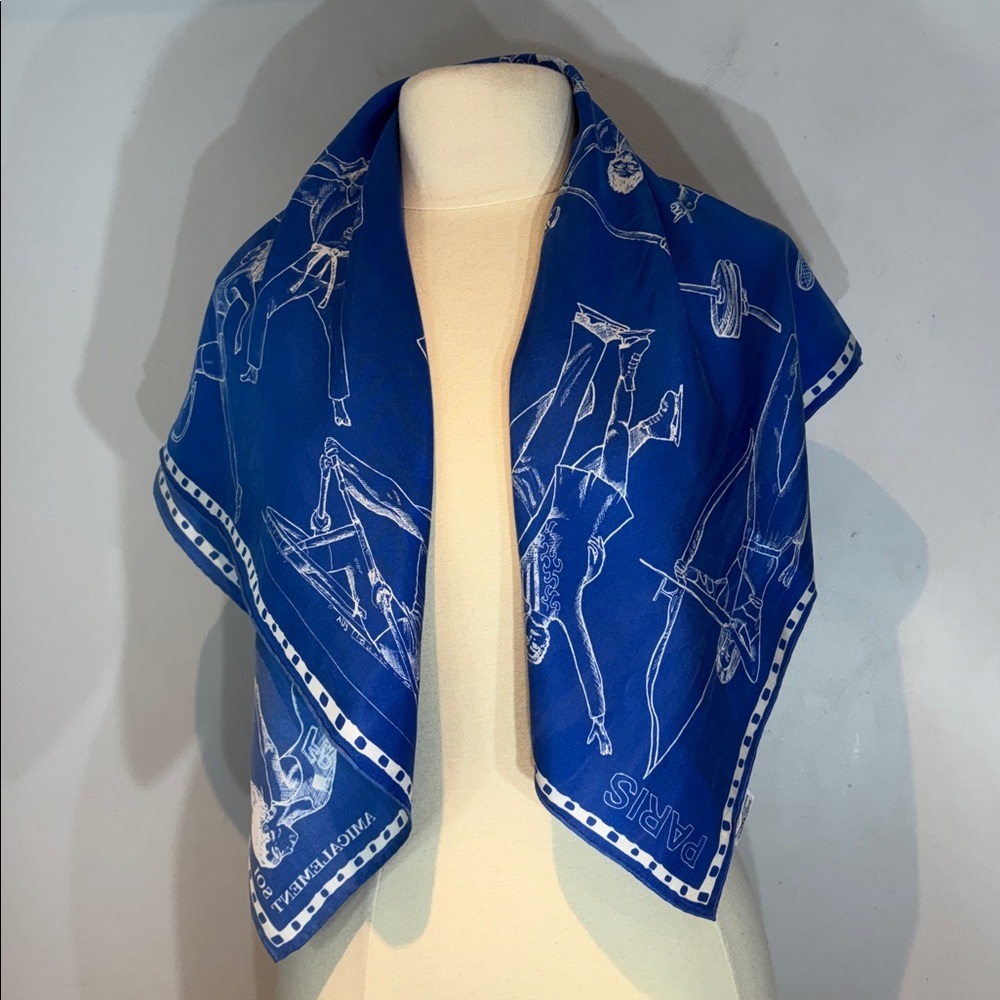 Amicalement Soi Paris Silk Scarf Blue Sport Print 90x90cm Square French Made